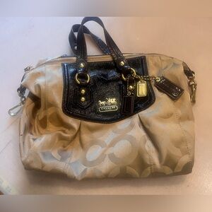 Coach purse in khaki with brown glossy trim